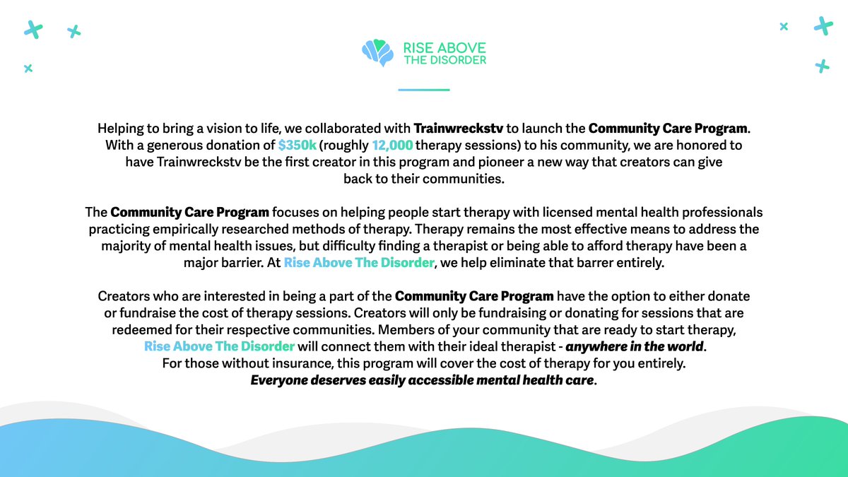 YouAreRAD's tweet image. Creators now have a new way to support their community.

Announcing the Community Care Program, a partnership with @Trainwreckstv focused on providing free therapy to creators&apos; communities. Together, we eliminate the major barriers surrounding therapy: cost and ease of access.