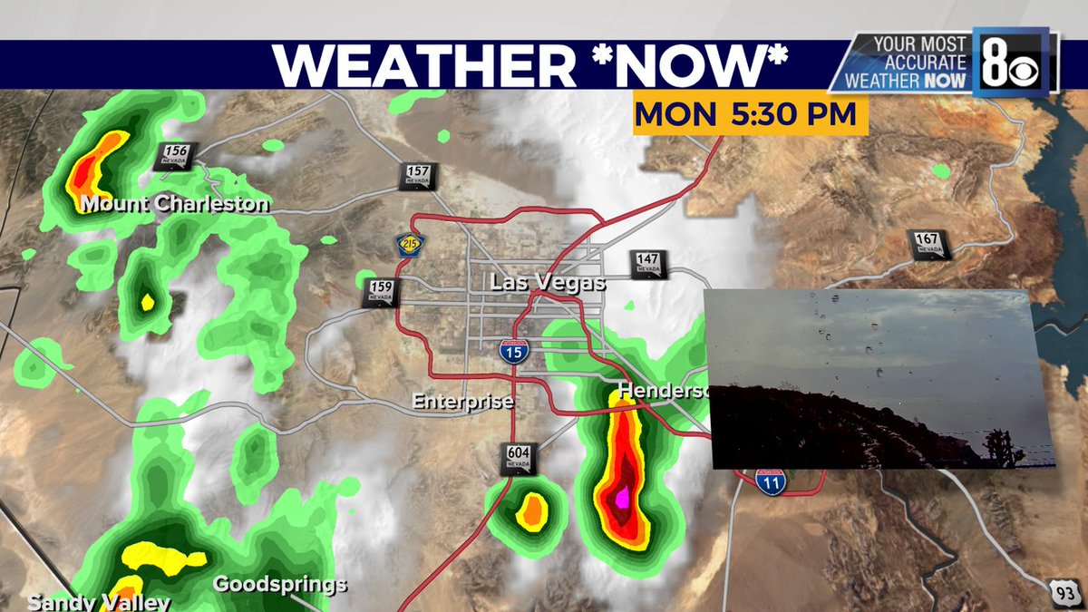TeddFlorendo's tweet photo. 5:34 WEATHER*NOW* UPDATE: Radar & tower cam showing RAIN coming down in parts of Henderson & Black Mountain. The rest of the valley staying dry for now. Lightning detected over the McCullough Range so be safe. We'll see you at 6
#WeatherNow #TeddSaid #MostAccurate #Stormtracker8 https://t.co/as7L2iIZxT