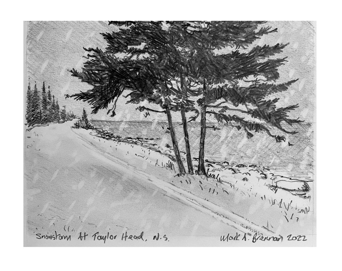 Mark_A_Brennan's tweet photo. Perhaps it was something from the subconscious that prompted this sketch of Taylor Head in winter after today’s heat. Thinking of my family &amp; friends in UK who for the first time have issued a #redheatwarning -It’s real, change is coming ‘weather’ we like it or not. https://t.co/tXN0y1XAlM