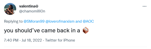 SMoran99's tweet photo. @chamomilli0n @loverofmarxism @AOC Speaking of, this was a very TBI way of saying "why are you hate following AOC" yes? https://t.co/JNjt0RbDKd