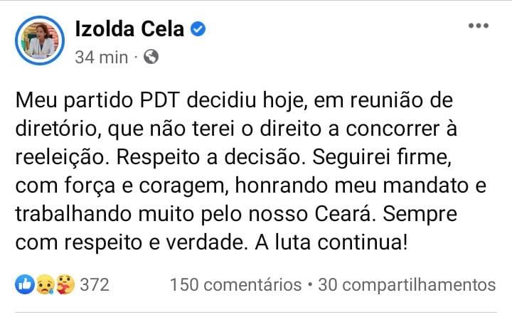 A indignação não nos permite aceitar a injustiça! 

Governadora <a href="/IzoldaCelaCe/">Izolda Cela</a>, de mão dadas, vamos lutar, porque um Ceará mais forte e humano é possível!!!