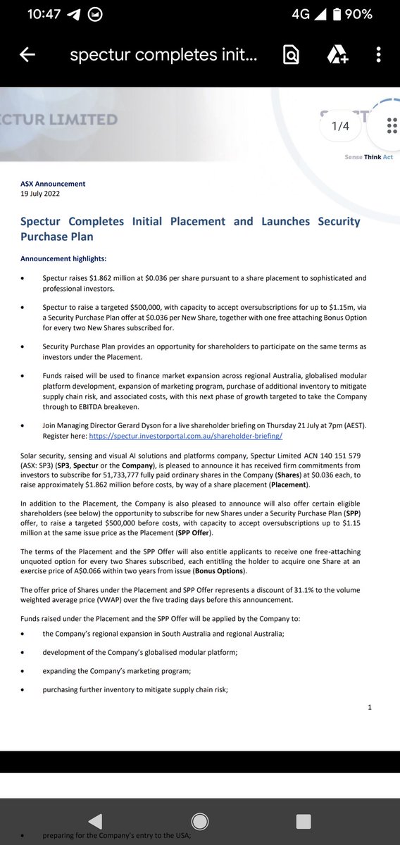 How to upset existing shareholders 101

$SP3 raise $1.8m via placement with bonus options when market cap was $5.4m pre-raise.

Offer existing holders SPP if they want to retain their percentage holding.

If full SPP taken up, nearly 50% new shares on issue at record low prices.