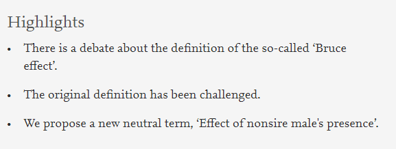 AnimBehSociety's tweet photo. Bruce effect, pregnancy block and disruption or feticide: proposal of a new term ‘effect of nonsire male's presence’
Article in #AnimalBehavior by Luděk Bartoš; Rory Putman; Jan Pluháček; Adam Dušek & Jitka Bartošová
https://t.co/ZOSr9wqbes
#BruceEffect #PregnancyBlock https://t.co/SPdwoNp2Vx