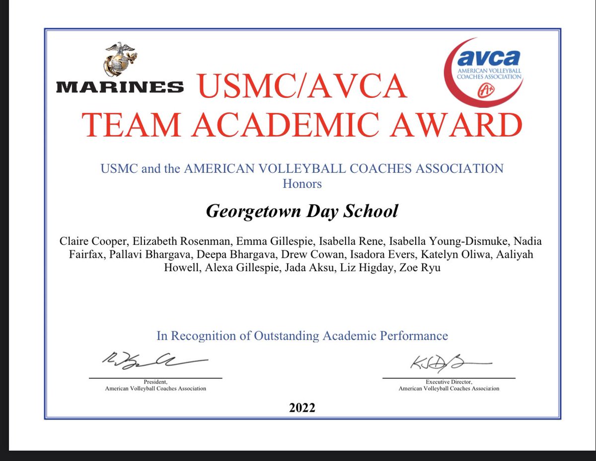 JadaAksuVB's tweet photo. GDS varsity volleyball team has been awarded the USMC/AVCA Team Academic Award - this is high school volleyball's version of a Team Academic All-American award. GDS is the only school in DC and in the ISL to receive this award!! Go Hoppers!! #GeorgetownDaySchool #Volleyball https://t.co/KBQkhQVYyL