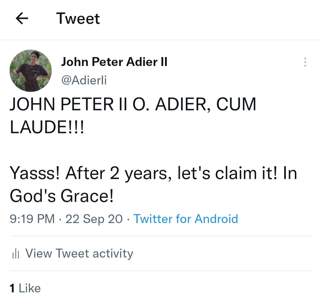 AdierIi's tweet photo. From prayer and manifestation, to reality. May pa BONUS pa! MAGNA!

THANK YOU LORD!! ALL.GLORY TO YOU!

John Peter II O. Adier
Bachelor of Science in Business Administration
Major in Marketing Management
MAGNA CUM LAUDE
Palawan State University
Batch 2022 https://t.co/CtJQNCrkgQ