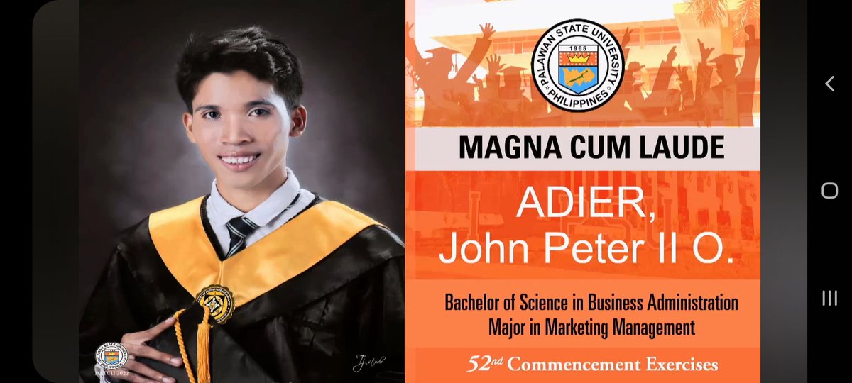 AdierIi's tweet photo. From prayer and manifestation, to reality. May pa BONUS pa! MAGNA!

THANK YOU LORD!! ALL.GLORY TO YOU!

John Peter II O. Adier
Bachelor of Science in Business Administration
Major in Marketing Management
MAGNA CUM LAUDE
Palawan State University
Batch 2022 https://t.co/CtJQNCrkgQ