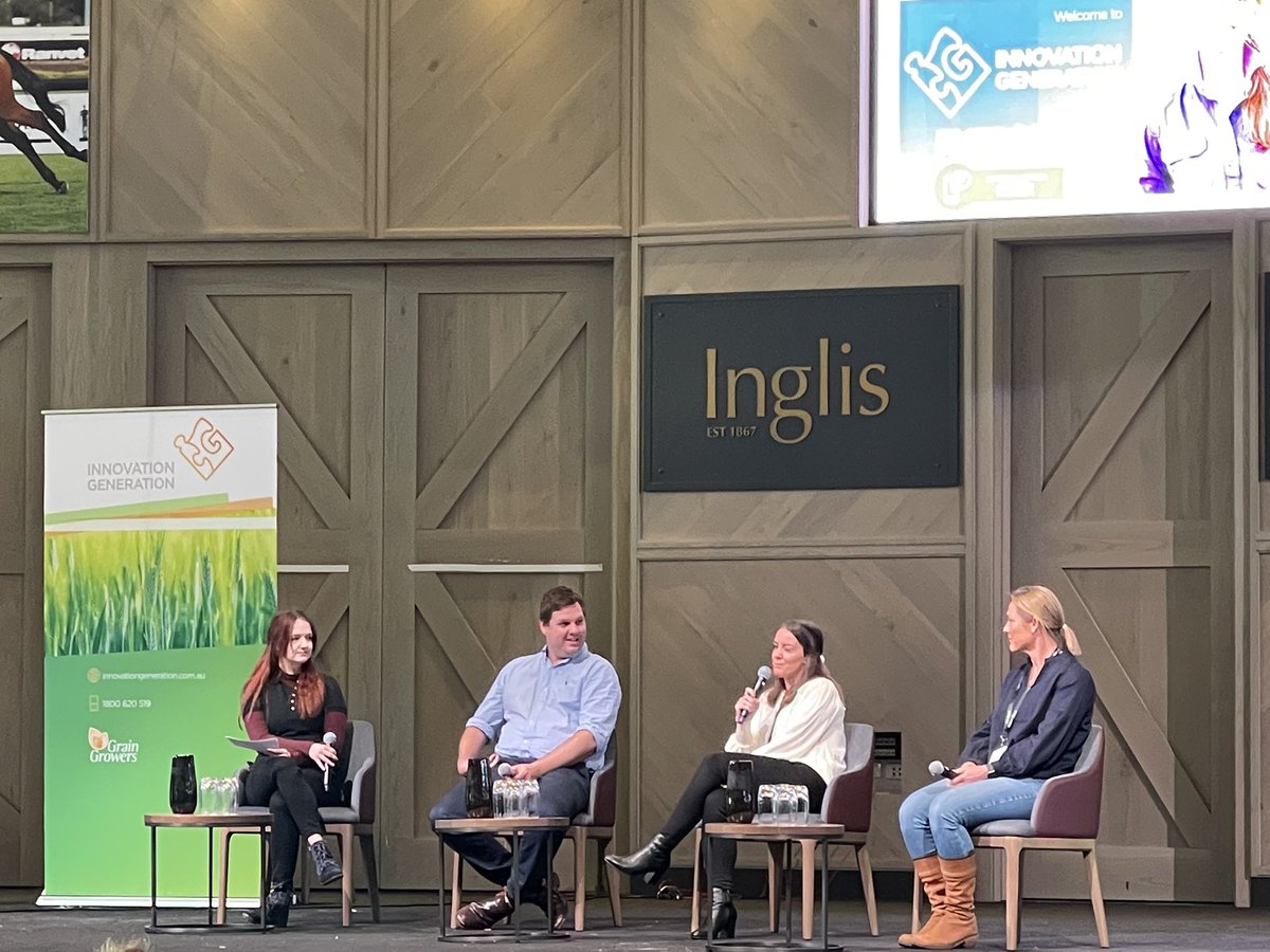 InnovGeneration's tweet photo. We’re off to a cracking start for Day 2 of Innovation Generation with this amazing #paddockperspectives grower panel, featuring @nigelcorish Kate Gunn and Bec Kelly!
#emergingag #IG22 https://t.co/eT5WLL5OIk