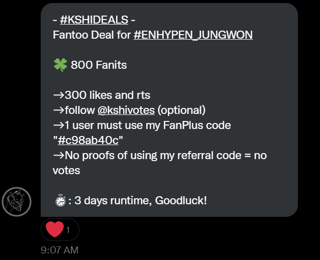 lhsqrt's tweet photo. - #KSHIDEALS -
Fantoo Deal for #ENHYPEN_JUNGWON 

🍀 800 Fanits

→300 likes and rts
→follow @kshivotes (optional)
→1 user must use my FanPlus code "#c98ab40c"
→No proofs of using my referral code = no votes

⏱️: 3 days runtime, Goodluck! https://t.co/AOwE9RE3iO