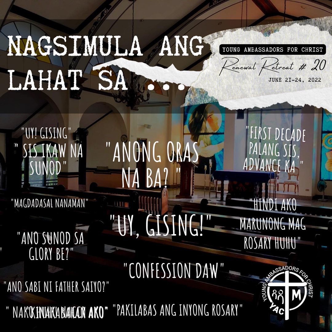 YACmomqpm's tweet photo. “NAGSIMULA ANG LAHAT SA...”
Please do pray for the up coming Renewal Retreat # 20, for the Directors and Officers and the Candidates, happening on July 21-24 at St. Scholastica’s Center of Spirituality, Tagaytay City.
#yacRenewalRetreat20 #YAC #SVDyouth #Psalm105 #YAC20 https://t.co/rcyASVfVbe