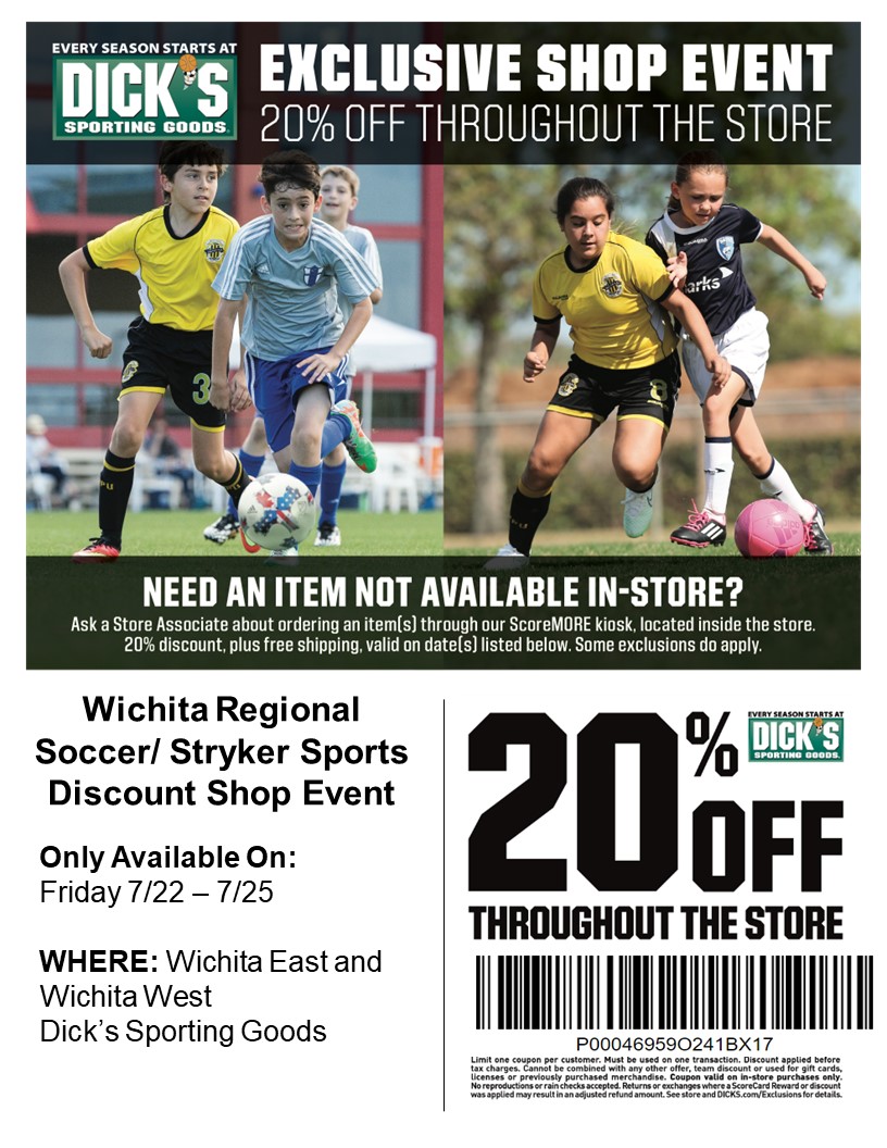 IctWrsa's tweet photo. Our partner Dicks Sporting Goods will be hosting a discount shop event for WRSA/Stryker Sports. You will receive 20% off your purchase on most items in the store. Our discount shop event will be on 7/22 – 7/25 Wichita East &amp; West Dick’s Sporting Goods. https://t.co/8XuI2rEk5p https://t.co/B0j6vXqsKD