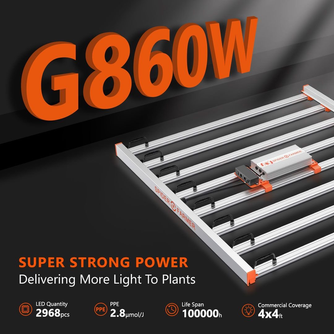 The G860W Commercial LED Grow Light takes your grow to the next level.

2968 pcs Bridgelux LM301B; strong power; uniform light spread; better design for heat dissipation;  achieving an amazing efficacy of 2.8µmol s-1 per watt, promising your maximum yields and profits