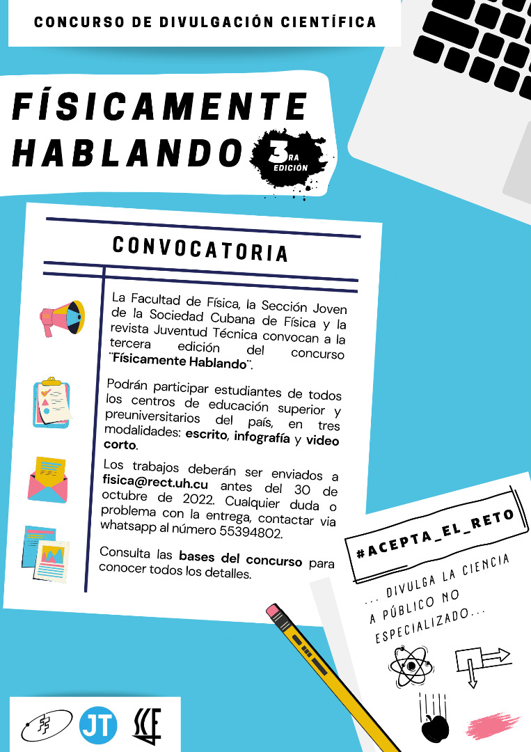 nicado3's tweet photo. La Facultad de Física de la @UdeLaHabana convoca al Concurso "Físicamente Hablando"
@FeuCuba @feemdecuba @CubaMES @CubaMined https://t.co/V9giWHwBVF
