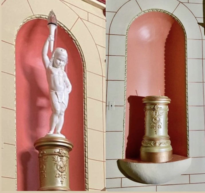 SavetheStJames's tweet photo. Gutted! The owner just let us know the we've has been broken into, vandalised &amp; items stolen incld the copper bar front, wiring, and an irreplaceable 94-year-old bronze statue from the Mezzanine floor. It's  irreplaceable.
Please let us know if you're in the know. We want it back https://t.co/k68tWmPBIp