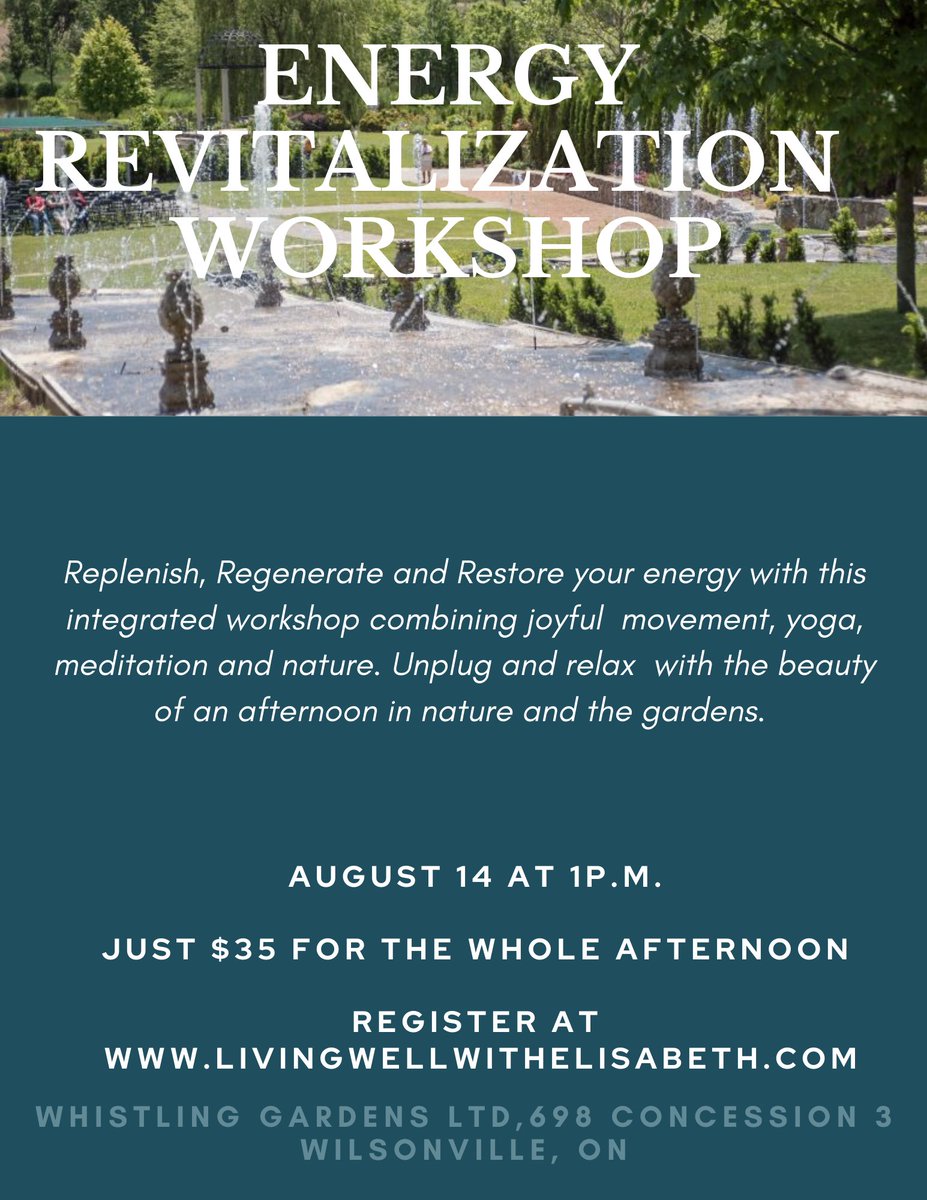 REGISTRATION NOW OPEN!
August 14 Energy Revitalization Workshop @ 1pm 
SIGN UP, VISIT: livingwellwithelisabeth.com/events
Exhale, breath and relax with us!
#botanicalgardens #wellness #livethegardenlife