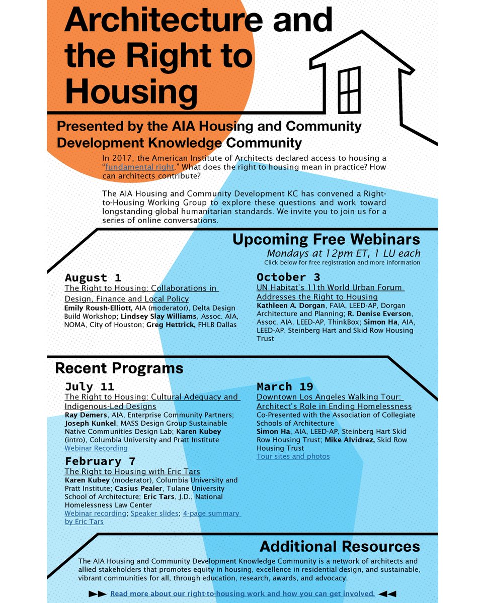 What does the right to housing mean in practice? How can architects contribute?

Join our free webinars (1LU) &amp; check out recordings from recent programs.

Next up: "Collaborations in Design, Finance, &amp; Local Policy," Monday, 8/1, 12pm ET.

Register: bit.ly/AIAHCD_RightTo…