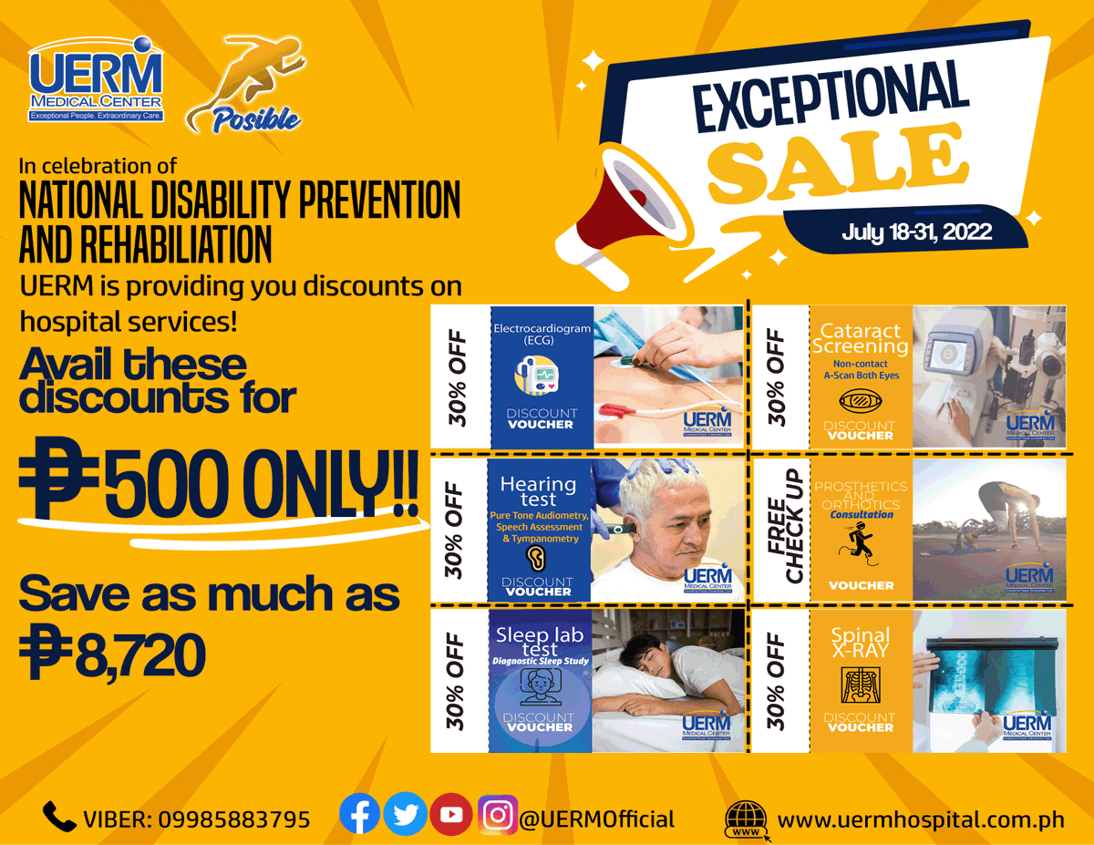 UERMOfficial's tweet photo. Avail these discounts for Php 500 ONLY!
In celebration of National Disability Prevention and Rehabilitation UERM is providing you discounts on hospital services!
#UERM #ExceptionalPeopleExtraordinaryCare #PWD #NDPR https://t.co/Hk461XiFw2