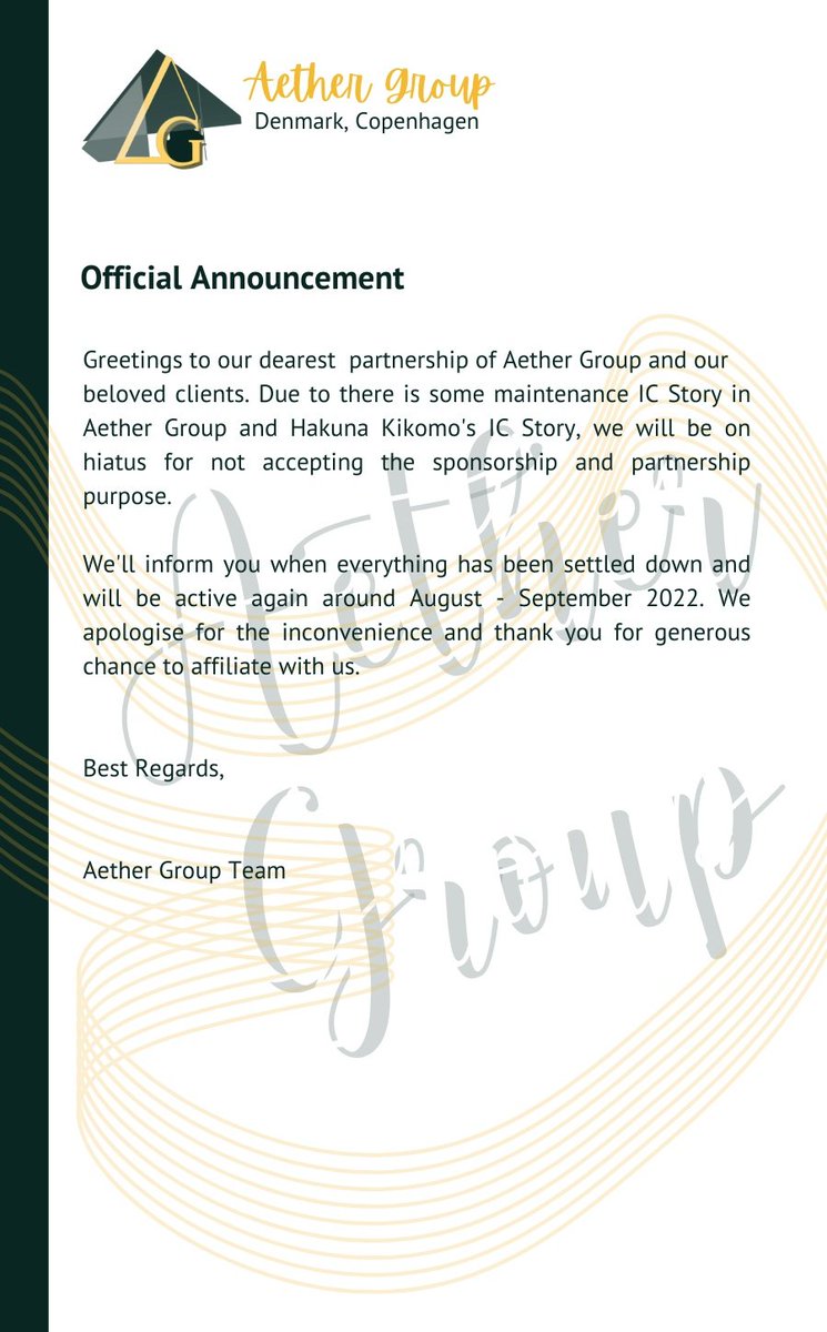 HK__AG's tweet photo. ㅤ
ㅤ ㅤ[ A N N O U N C E M E N T ]
ㅤ
Starting from today, Aether Group &amp; Hakuna Kikomo are officially on Hiatus from accepting Sponsorship and Partnership Purpose. Thank you. ㅤ
ㅤ
ㅤ ㅤㅤ https://t.co/yIGD5IPLqR