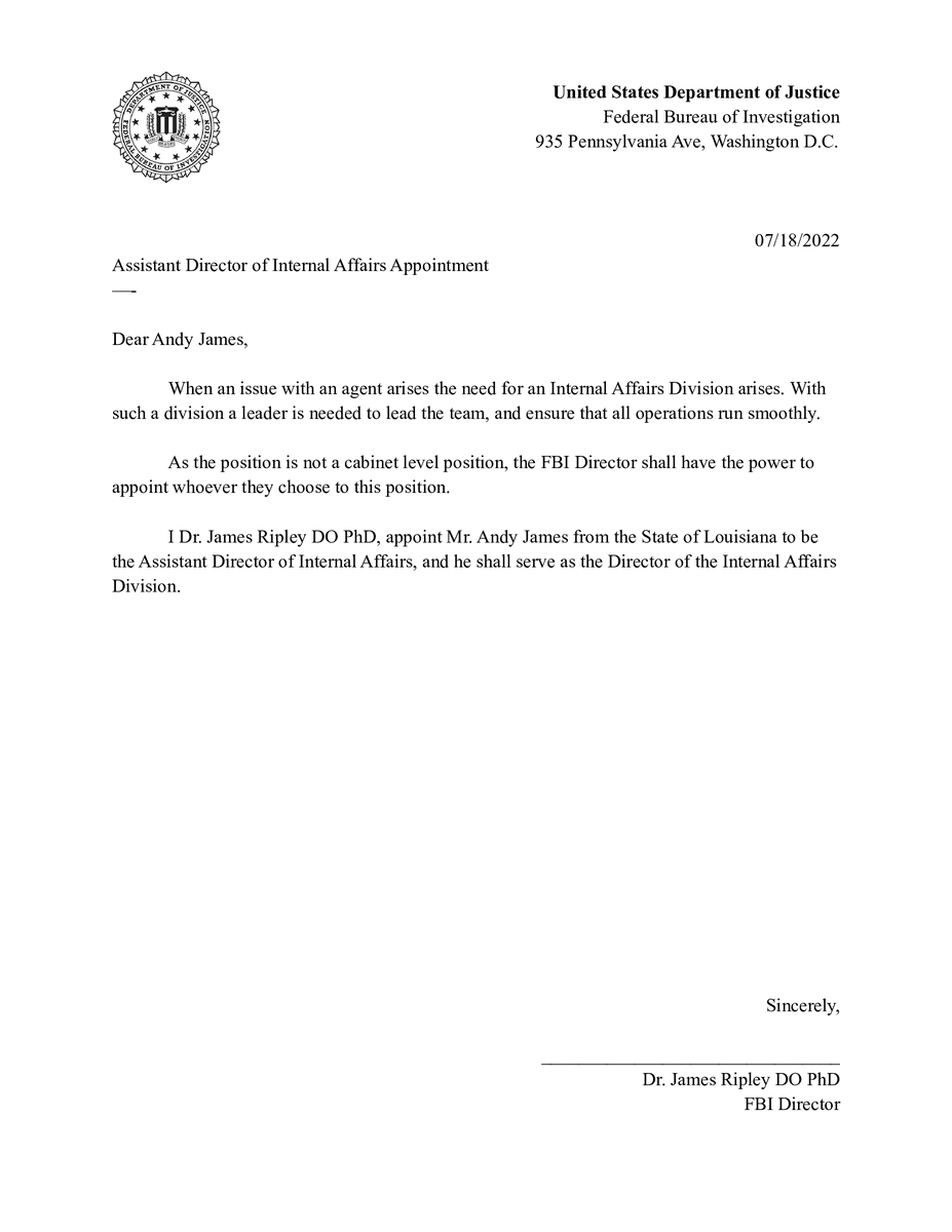 I appoint <a href="/AndyJames_BUSA/">AndyJames</a> to be Assistant Director of Internal Affairs.