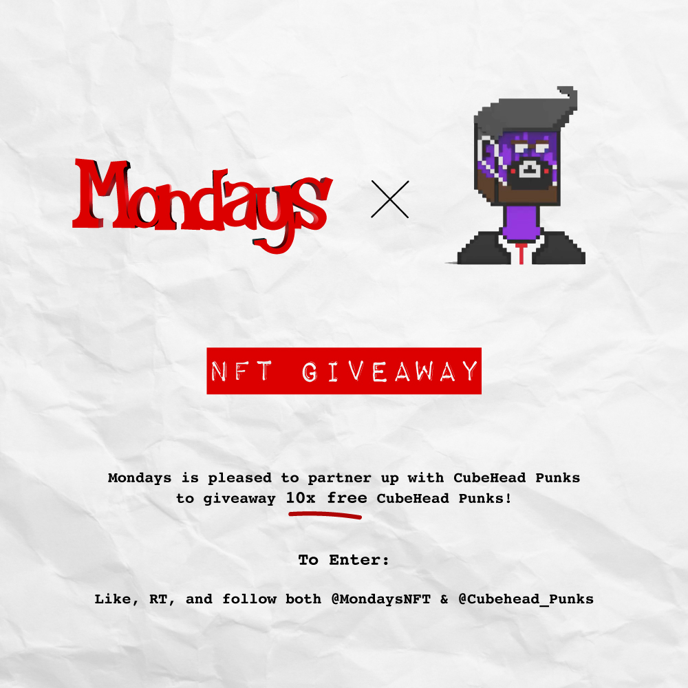 Mondays 🪩 🪩 (@mondaysnft) on Twitter photo *Handshake Emoji*
NFTs are dope, winning them is even doper.
We teamed up with <a href="/CubeHead_Punks/">CubeHead Punks</a> to give away 10 Cubeheads!!
Like, RT, and follow <a href="/MondaysNFT/">Mondays 🪩 🪩</a> and <a href="/CubeHead_Punks/">CubeHead Punks</a> *Handshake Emoji*
NFTs are dope, winning them is even doper.
We teamed up with <a href="/CubeHead_Punks/">CubeHead Punks</a> to give away 10 Cubeheads!!
Like, RT, and follow <a href="/MondaysNFT/">Mondays 🪩 🪩</a> and <a href="/CubeHead_Punks/">CubeHead Punks</a>