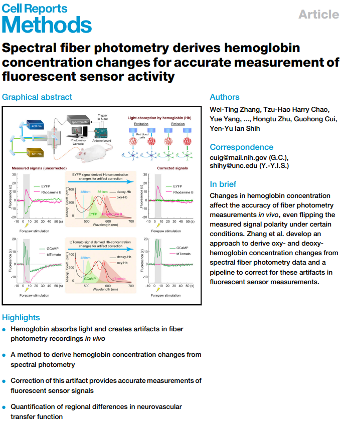 camri_unc's tweet photo. Hemoglobin (Hb) absorbs light and affects optical measures in vivo. In our new @CellRepMethods paper, @WeitingZhangUNC, @TzuhaoHarryChao et al. from @ShihYYI lab @BRIC_UNC and Cui Lab @NIEHS describe a method to correct Hb absorption in fiber photometry: https://t.co/gcUgnoWIlM https://t.co/oeZhCzPB1H