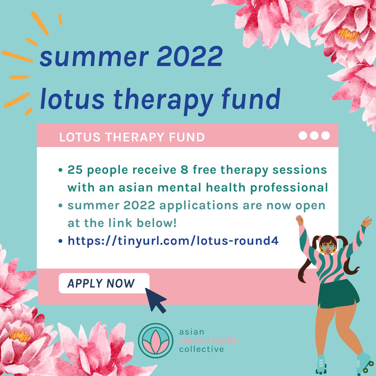 asianmhc's tweet photo. We are so excited to share that applications for the fourth round of the Asian Mental Health Collective Lotus Therapy Fund are now open. 

Application form: https://t.co/j0DSKhTep9 

We hope you are staying cool and hydrated this summer! 😎 https://t.co/rQltHjxOpw
