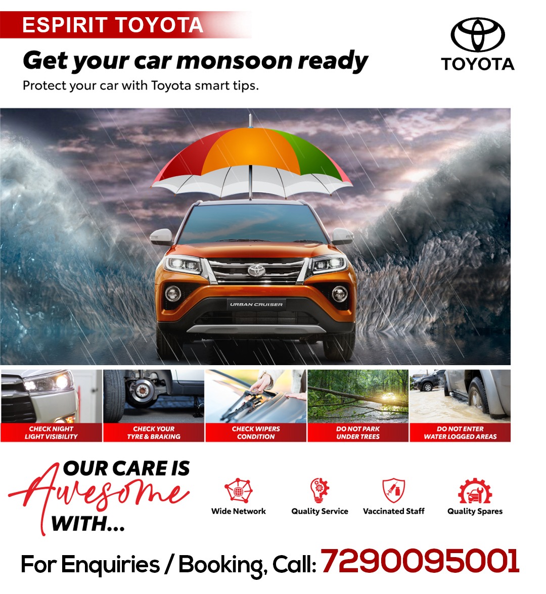 Espirit_Toyota's tweet image. Protect your car with Toyota Smart Tips. This monsoon get your #Toyota monsoon-ready.
Enjoy the rain without worrying about the damage it could do to your car. We've got your back.
.
#BookService
Espirit Toyota: Delhi | Gr. Noida | Noida
For Enquiries / Booking, 📞07290095001