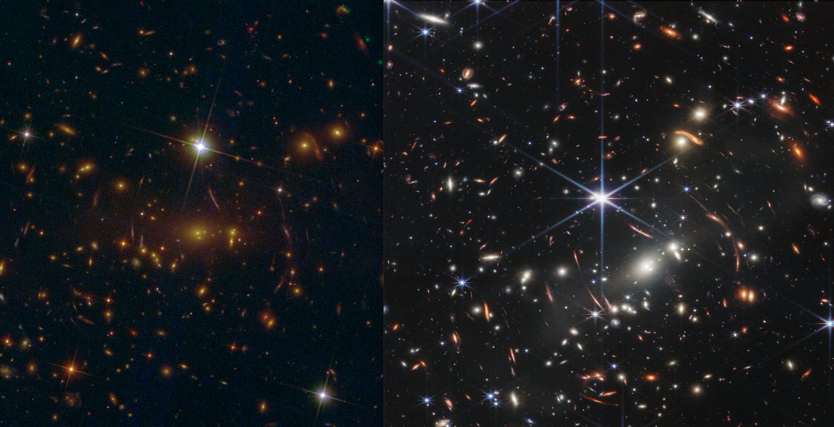Eurekablog's tweet photo. Comparativa entre la imagen de SMACS J0723 del Hubble (izquierda) y el James Webb https://t.co/ASziJykfCx