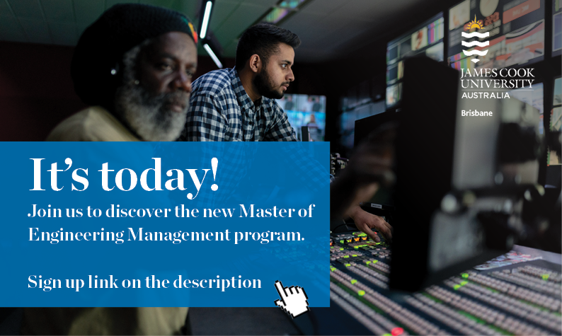 It's today! Join our International Marketing team and discover all about the much-awaited Master of Engineering Management Program at JCU Brisbane. 

Register here: hubs.la/Q01gq-N90