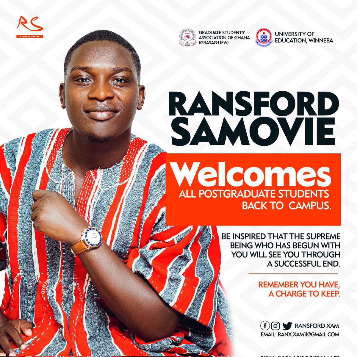 xamranx's tweet image. Ransford welcomes all students on campus and wishes those preparing to come a safe journey back to campus in advance.
Remember, you have #AChargeToKeep✊🔥.
#UEW #GRASAG #WINNEBA
#AJUMAKO #TeamRS