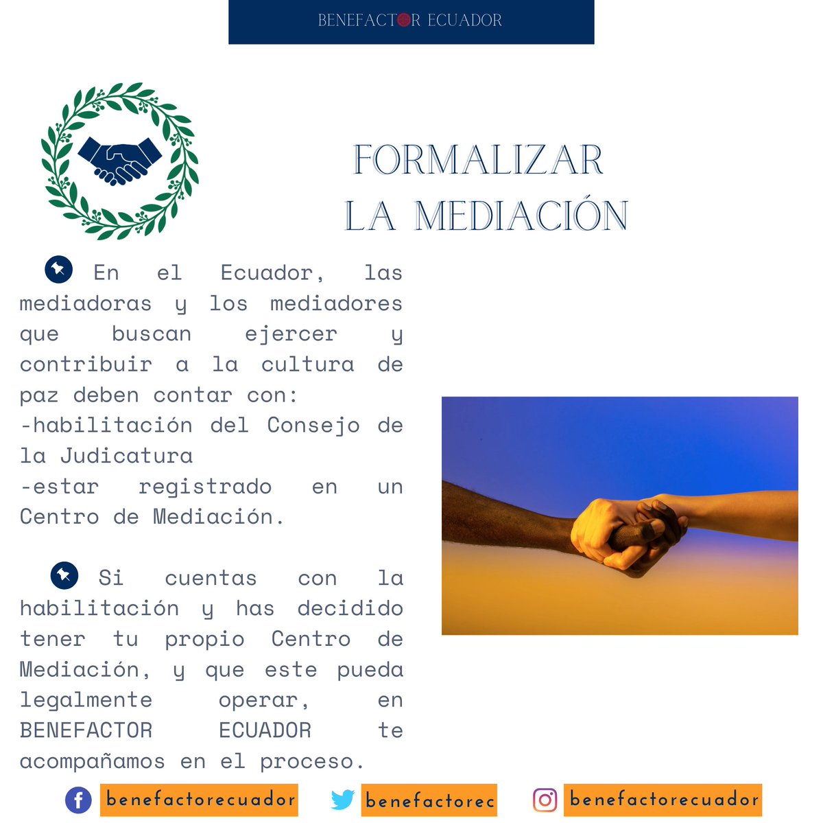BenefactorEc's tweet photo. ⭕ Formalizar la Mediación #Ecuador:

▶️ Para mediar se requiere: la habilitacion personal y estar registrada(o) en un Centro de Mediación.

▶️ Nosotros te acompañamos para crearlo, conforme la Ley.

#Benefactor #Ecuador #BenefactorEC los derechos al alcance de tu mano ☎️ 🏢 🖥 https://t.co/fVcAVR5sc8