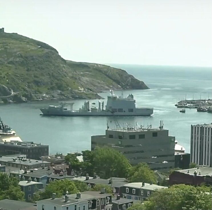 WarshipCam's tweet photo. HMCS Montreal (FFH 336) and HMCS Halifax (FFH 330) Halifax-class frigates, as well as Royal Canadian Navy supply ship MV Asterix all coming into St. John's, Newfoundland today - July 11, 2022 #hmcsmontreal #ffh336 #hmcshalifax #ffh330 #mvasterix https://t.co/z3MVDE82Ne
