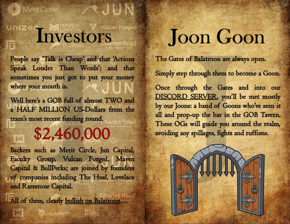 TheBalatroonian's tweet image. You're in good company @MythToken - good company indeed! Welcome to Balatroon - home of The Goons! Look forward to drinking a few mega-pints together in the Tavern some time soon 🍻 #GoonSquad