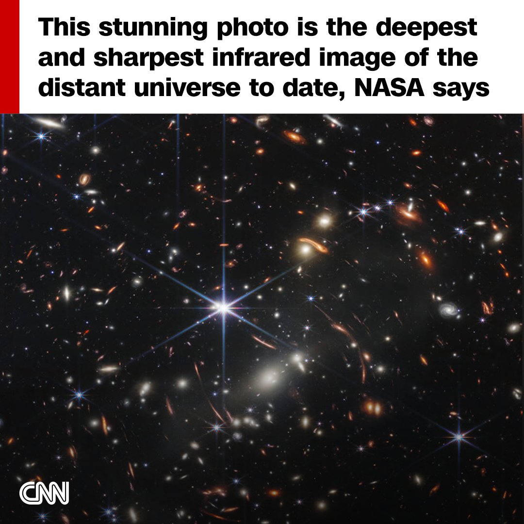 CNN's tweet photo. The James Webb Space Telescope’s first deep field view shows SMACS 0723, where a massive group of galaxy clusters act as a magnifying glass for the objects behind them, including faint, distant galaxies. https://t.co/Da5JLhOiYr https://t.co/EG4KScnBDV
