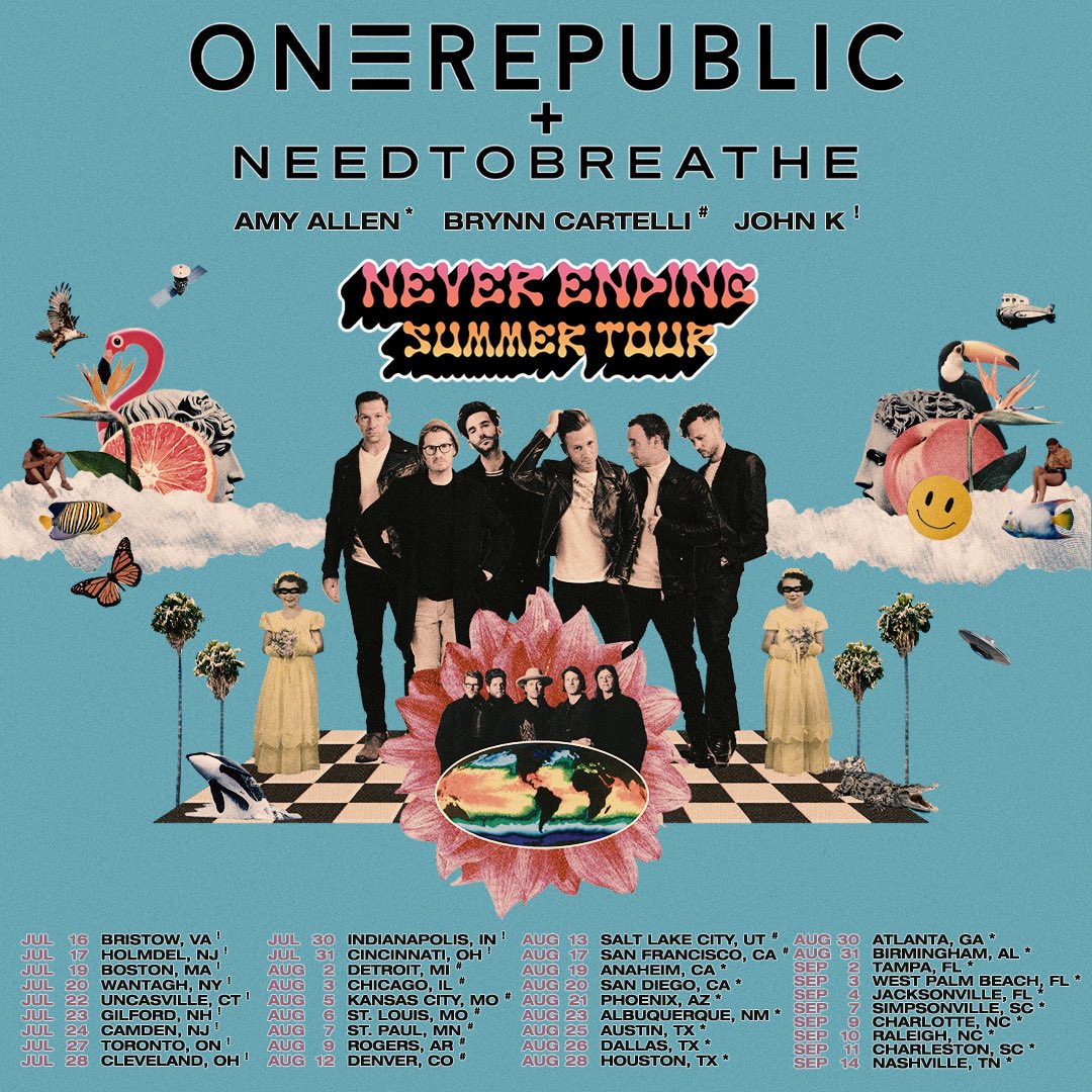 So excited that @AmyAllenMusic, @BrynnCartelli, and @johnk are joining us on the Never Ending Summer Tour with @OneRepublic! First show is just 5 days away! needtobreathe.com/#tour