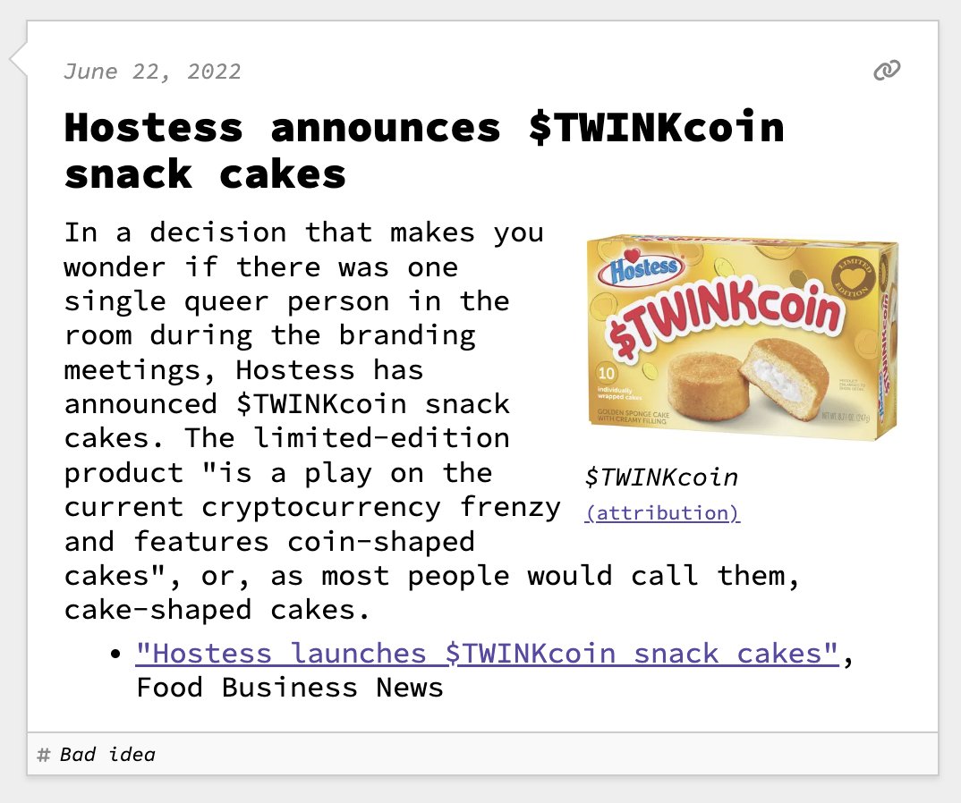 Hostess announces $TWINKcoin snack cakes June 22, 2022  https://t.co/dB5ogOHsNK