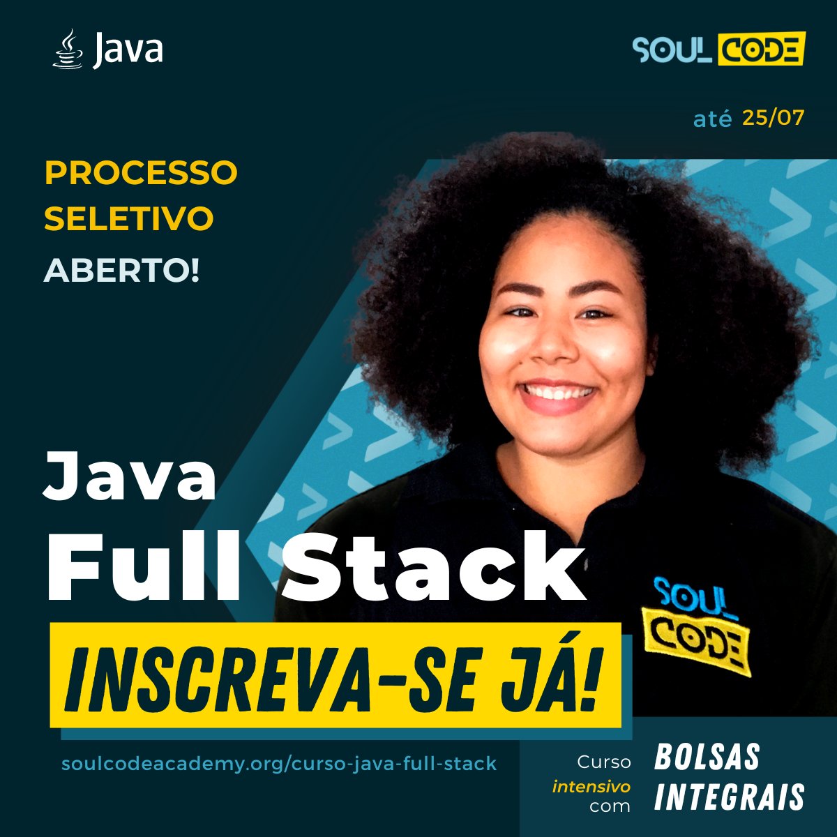 SoulCodeAcademy's tweet image. MULHER: O mercado de trabalho está buscando SEU TALENTO!
E nós somos a ponte entre você e o seu futuro profissional na área da tecnologia. Como? Inscreva-se já na seleção para nosso Bootcamp JAVA FULL STACK. Estamos te esperando!
soulcodeacademy.org/curso-java-ful…
#cursojava #bolsaintegral