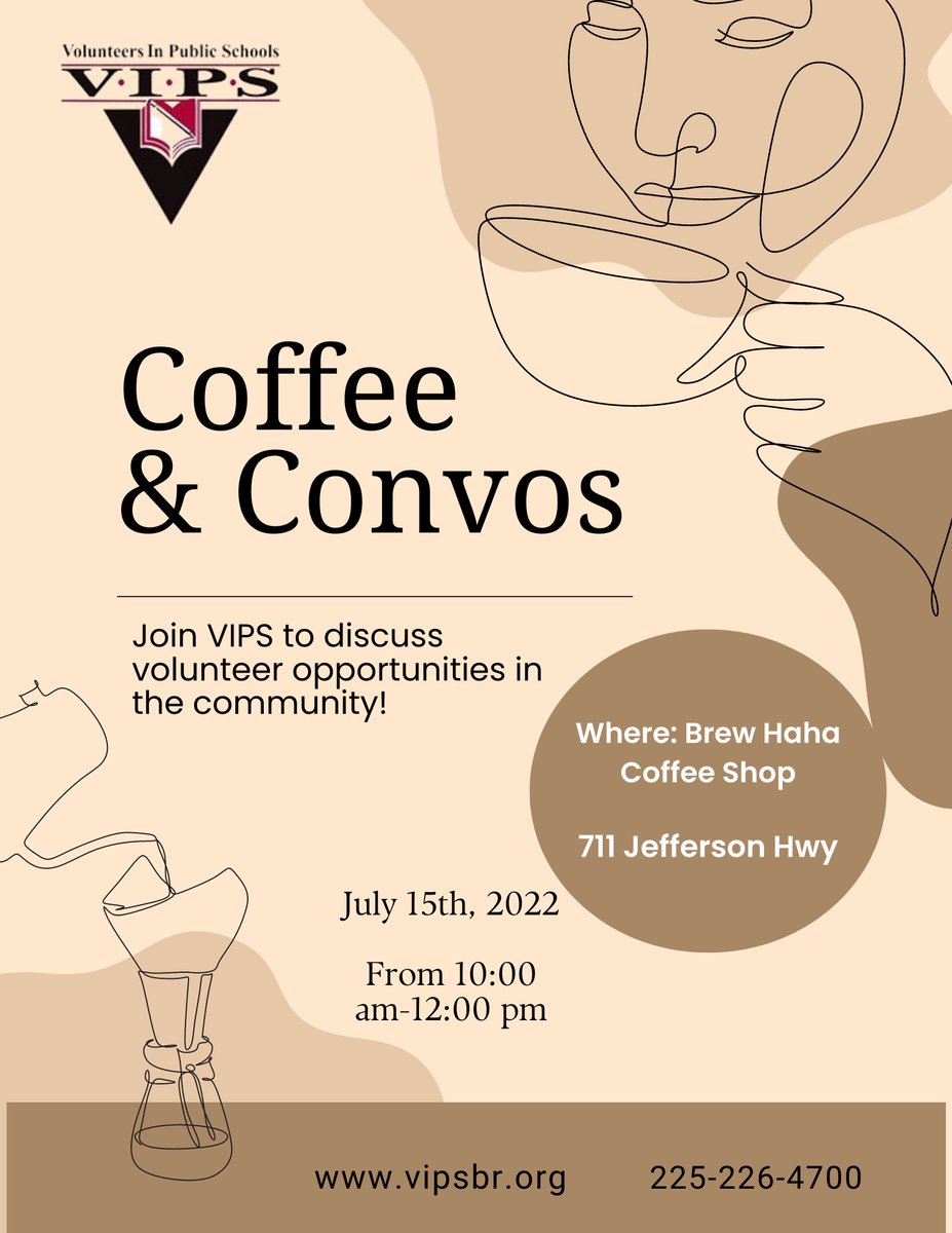 VIPS_BR's tweet photo. Join VIPS this Friday, July 15th at Brew HaHa! to discuss volunteer opportunities and see how you can get involved in in our local schools!

Friday, July 15
711 Jefferson Hwy
10:00 am to Noon https://t.co/14Rwp3OX5D