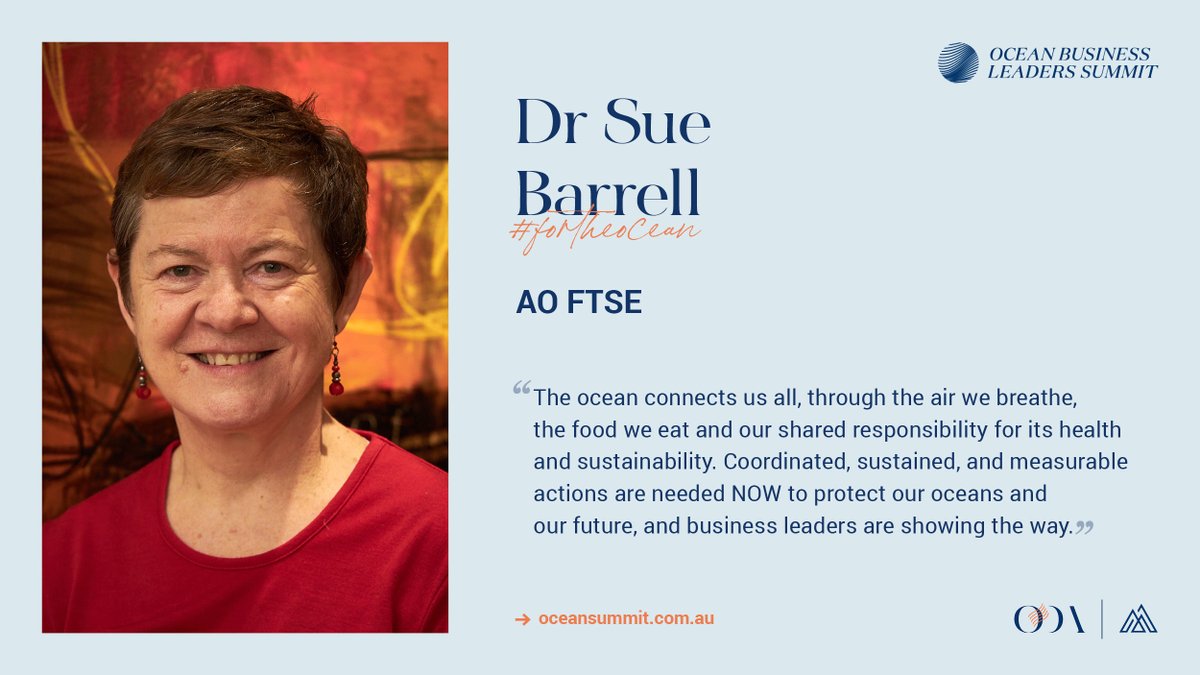 Ocean Decade Australia (@oceandecadeaus) on Twitter photo Honoured to introduce Dr <a href="/sue_barrell/">Dr Sue Barrell AO FTSE</a> AO FTSE as a part of Ocean Business Leaders’ Summit 2023’s Advisory Group.🤩
She is committed to science leadership, mentoring and advocacy, both within Australia and internationally. Honoured to introduce Dr <a href="/sue_barrell/">Dr Sue Barrell AO FTSE</a> AO FTSE as a part of Ocean Business Leaders’ Summit 2023’s Advisory Group.🤩
She is committed to science leadership, mentoring and advocacy, both within Australia and internationally.