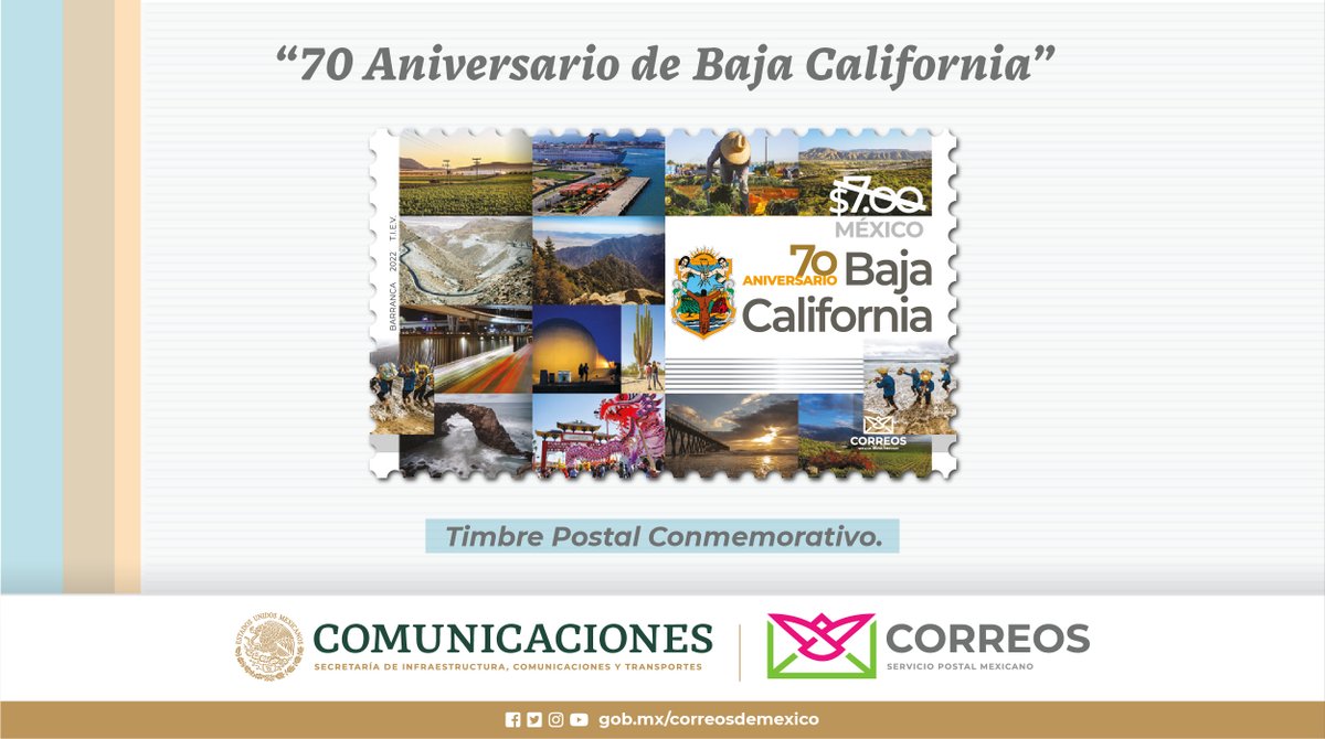 CorreosdeMexico's tweet photo. Nueva Estampilla Postal “70 Aniversario de Baja California” ya disponible en todas las Oficinas de Correos de México o en el Palacio Postal. https://t.co/37asski5B7
