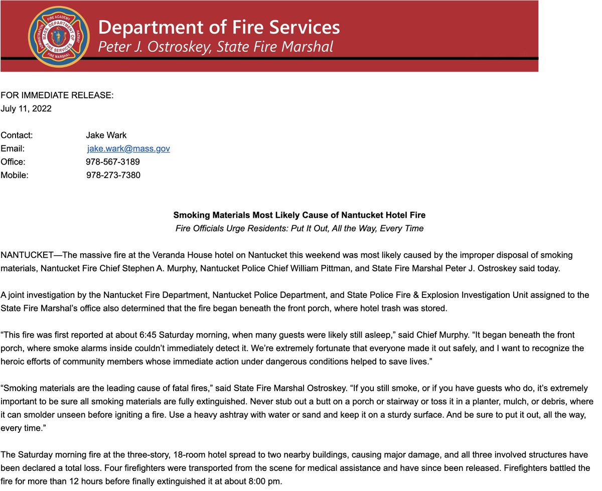DGeddesIM's tweet photo. Officials say the improper disposal of smoking materials (i.e. cigarettes) was the likely cause of the fire at the Veranda House and that the fire started beneath the front porch where trash is stored. #nantucket https://t.co/3S67ksZ9iJ
