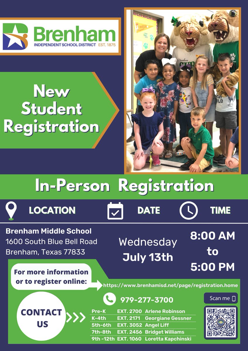 Final in person registration happening Wednesday, July 13th. For more information visit brenhamisd.net