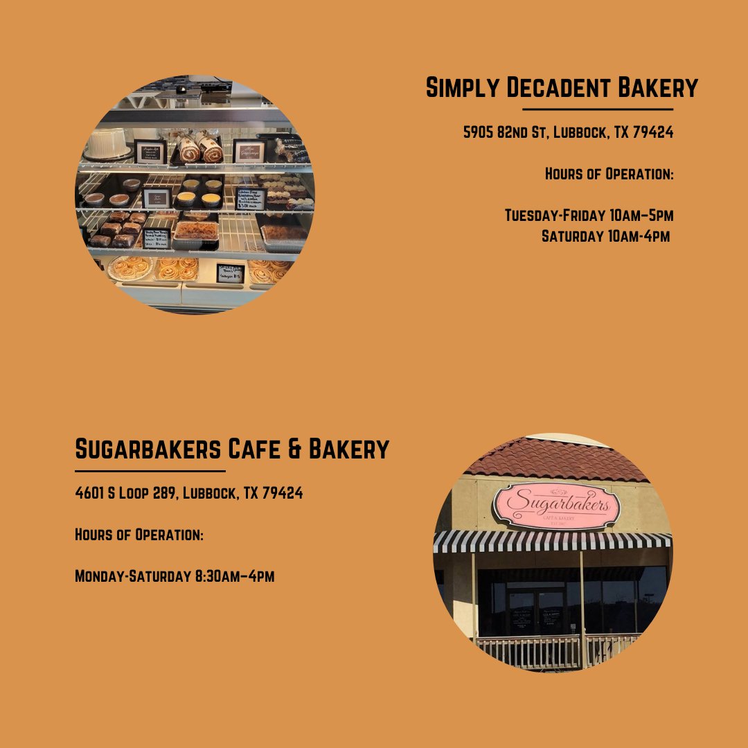 CampusLiveTTU's tweet photo. Looking for a sweet snack? 🎂🧁🍪 Check out these local bakery’s here in Lubbock! 🍰🍬 #Sweet #Sugar #LBKLocal #Bakery #TTULive https://t.co/sa6UteADeA