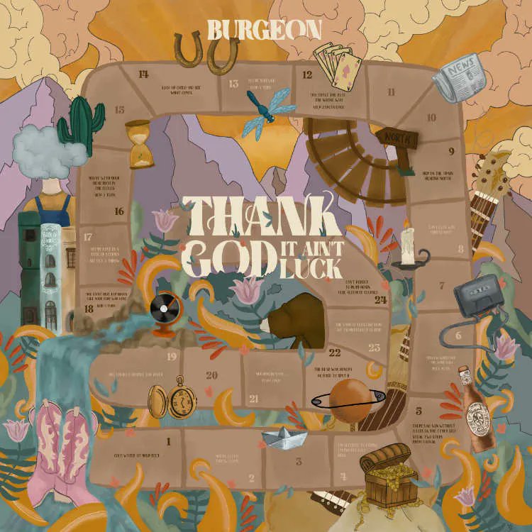 In het album Thank God It Ain’t Luck (LP incl. CD) neemt Burgeon je mee langs eerlijke gedachtenspinsels, jengelende gitaren en mooie zangpartijen. 
In de zelfontworpen hoes zit een ganzenbord verstopt waar de weg wordt gewezen door stukjes songteksten. buff.ly/3c41Qyq