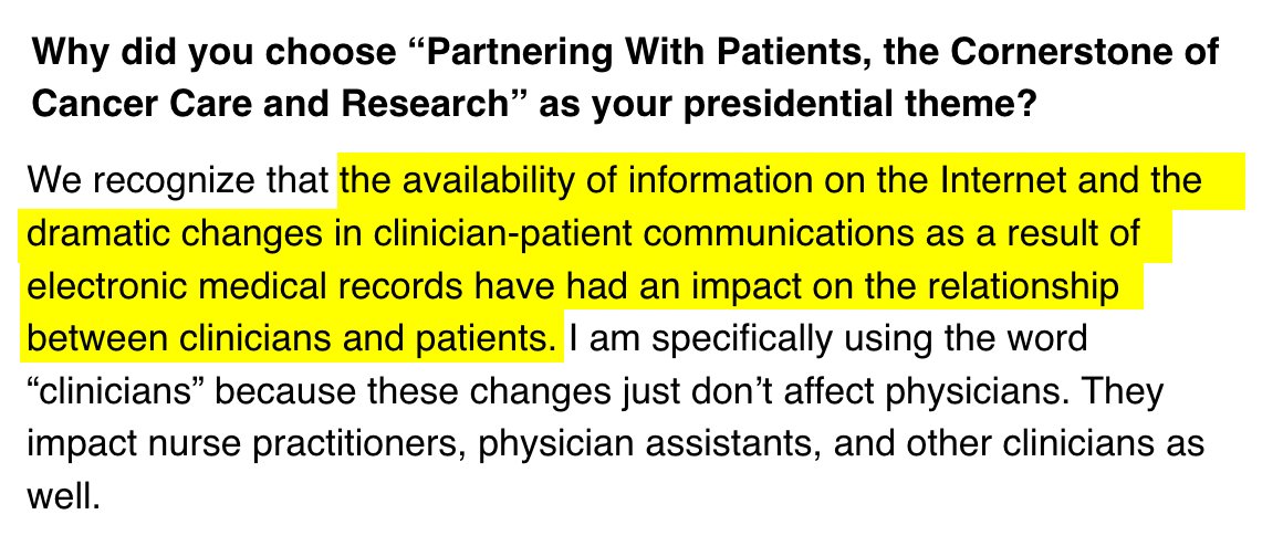 Liz Salmi (@thelizarmy) on Twitter photo 🎉<a href="/ASCOPres/">Eric J. Small, MD, FASCO</a> announces "Partnering with Patients" will be cornerstone of his presidential term
đź‘€existing <a href="/myopennotes/">OpenNotes</a> partnerships in oncology:
✔️OurResearch (<a href="/gliomaregistry/">Low Grade Glioma Registry</a> <a href="/jacksonlab/">The Jackson Laboratory</a> <a href="/CUAnschutz/">CU Anschutz Medical Campus</a>)
✔️OpenResults (@VUMC_VCLIC <a href="/UCDavisHealth/">UC Davis Health</a>)
connection.asco.org/magazine/featu…
#opennotes 🎉<a href="/ASCOPres/">Eric J. Small, MD, FASCO</a> announces "Partnering with Patients" will be cornerstone of his presidential term
đź‘€existing <a href="/myopennotes/">OpenNotes</a> partnerships in oncology:
✔️OurResearch (<a href="/gliomaregistry/">Low Grade Glioma Registry</a> <a href="/jacksonlab/">The Jackson Laboratory</a> <a href="/CUAnschutz/">CU Anschutz Medical Campus</a>)
✔️OpenResults (@VUMC_VCLIC <a href="/UCDavisHealth/">UC Davis Health</a>)
connection.asco.org/magazine/featu…
#opennotes