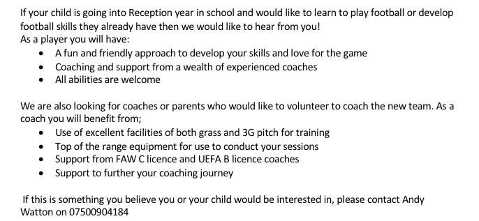Fun, friendship &amp; fitness is on the cards as we start our new Mini Kickers football skills sessions - Sat July 16 at 10am, 3G pitch, Argoed Sports CH7 6SZ.

These sessions are for children going into the Reception school year in Sept.

Call Andy 07500 904184 to register interest.