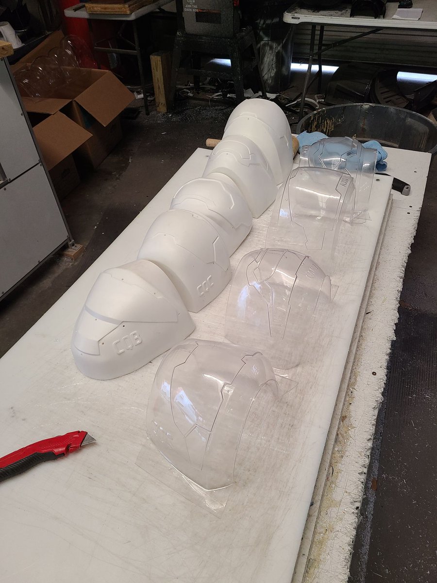 NerdForgeDesign's tweet photo. We're getting our very first test pull of visors done!
Keep in mind this is the TEST run. Now that we've verified the bucks give good pulls they'll need to be polished for best optical clarity. https://t.co/ONlf8BCC92