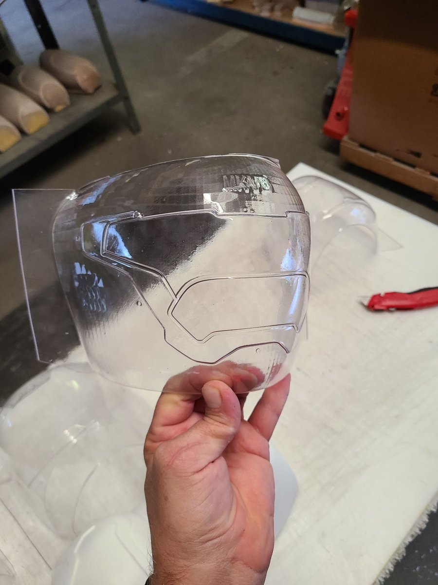 NerdForgeDesign's tweet photo. We're getting our very first test pull of visors done!
Keep in mind this is the TEST run. Now that we've verified the bucks give good pulls they'll need to be polished for best optical clarity. https://t.co/ONlf8BCC92