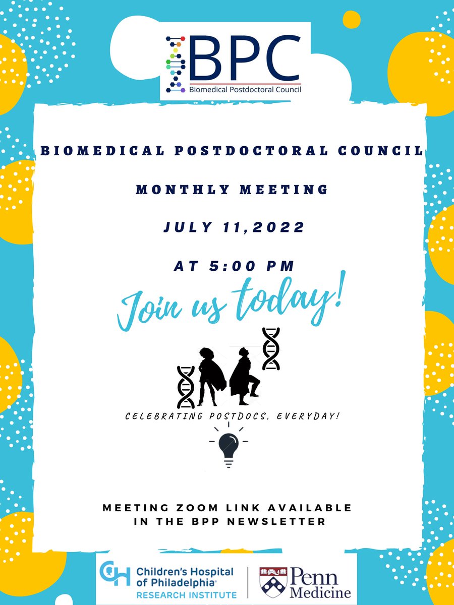 PennPPA's tweet photo. Join the BPC Monthly Meeting today (virtual), July 11th, at 5pm. 

Your active participation in the council activities is a great way to add your voice to issues concerning postdoctoral training/life at #Penn. 

(Zoom Link in the BPP newsletter email)

#UPennBPC #Postdoc #Meeting https://t.co/8X4benDEIb
