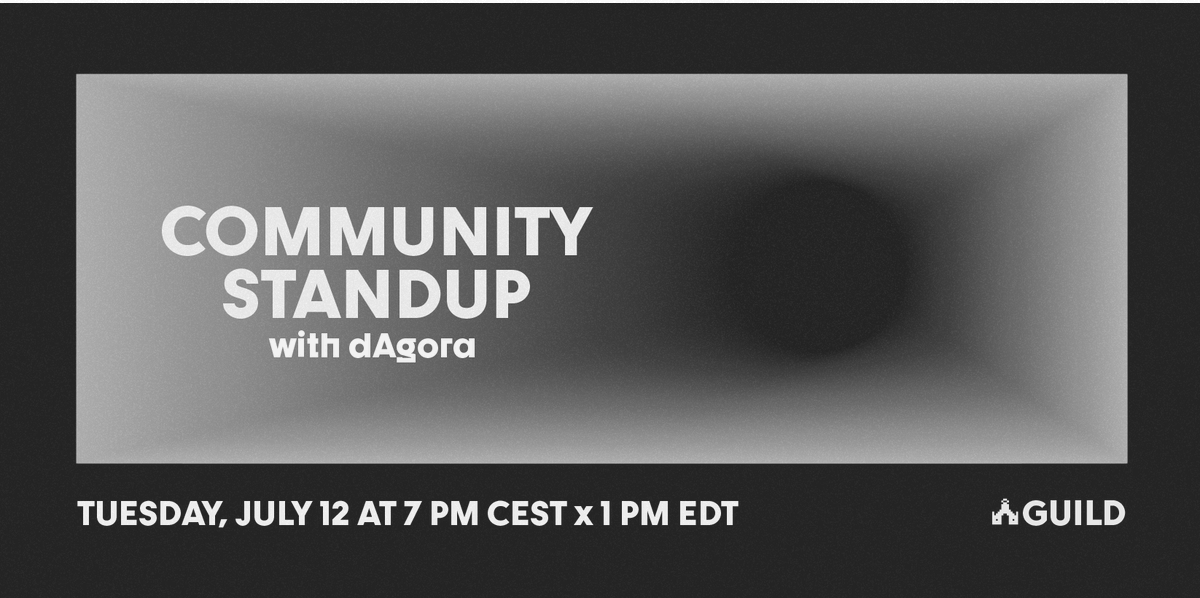 guildxyz's tweet photo. First ever Guild Community Standup is coming with our frens from @DecentrAgora tmrw — we’ll talk about the team's aspirations to onboard people into web3 and helping them max out their guild.

date: tomorrow 7pm CEST x 1pm EDT
place: Discord Event Stage ➠ https://t.co/UTqCNrUl7L https://t.co/auOJCUrIwQ