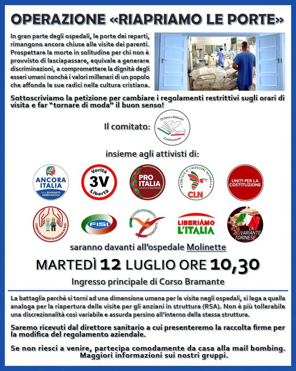 Flashagata's tweet photo. @Resistenza1967 Intanto domani presidio davanti all'ospedale Molinette a Torino OPERAZIONE 
RIAPRIAMO LE PORTE https://t.co/Adp8eAxknU